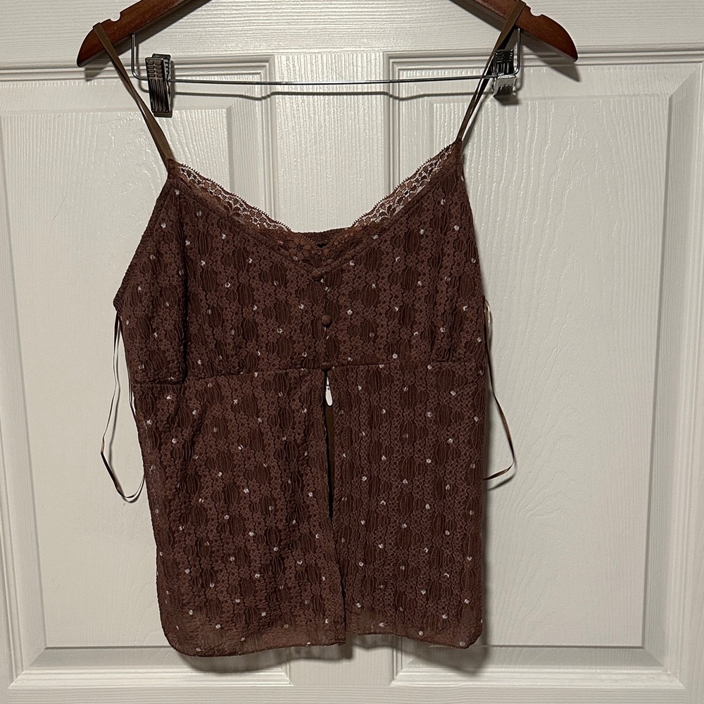 Self Esteem Brown Polka Dot Camisole with Lace Trim Y2K